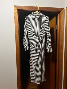Black and White Striped Long-Sleeve Wrap Midi Dress
